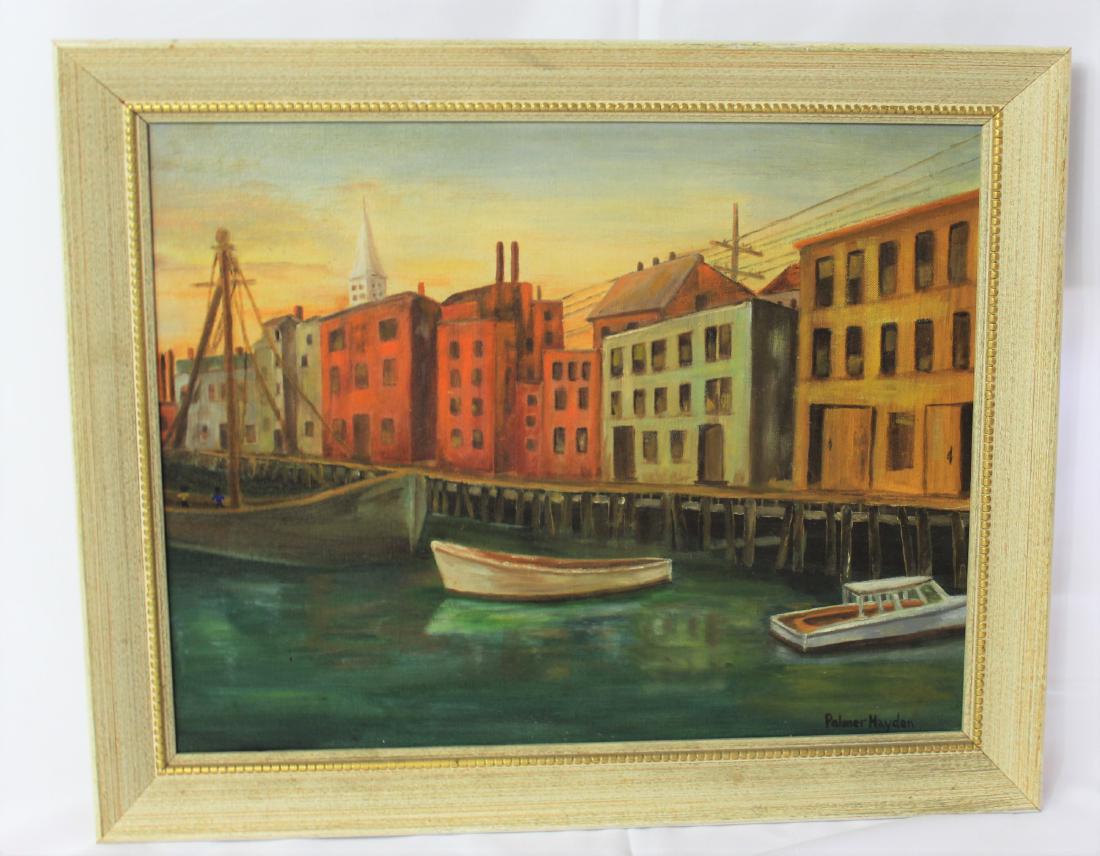 Palmer Hayden (American, 1890-1973): Medium: Oil on canvas. Urbane City Harbor. Signature: Lower right. Dimensions: 13.5 x 17 inches.