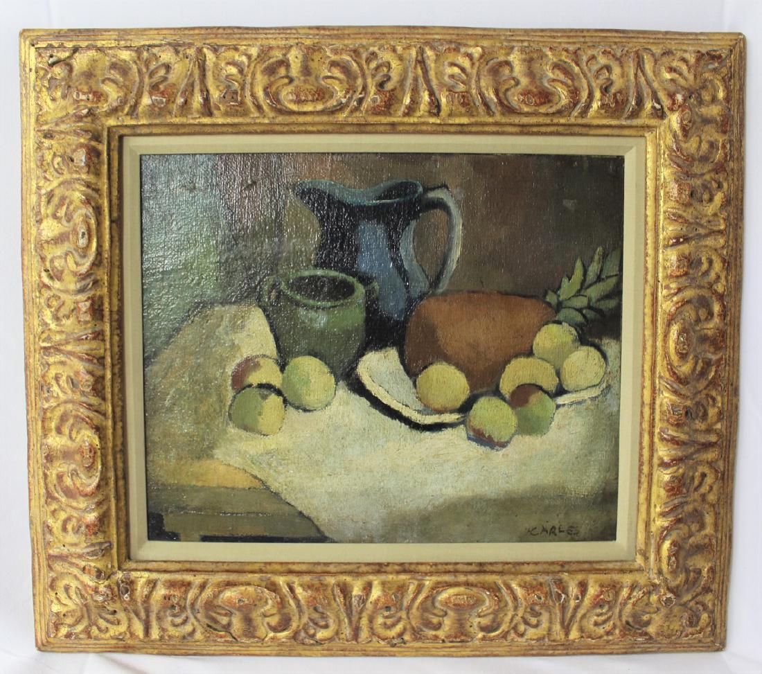 Arthur Beecher Carles (American 1882-1952): Medium: Oil on board. Title: Still Life with Pineapple, c. 1915. Signature located lower right. Dimensions: 16 x 9 inches. Lot note and provenance: Exhibited at Marion Koogler McNay Art Institute in S