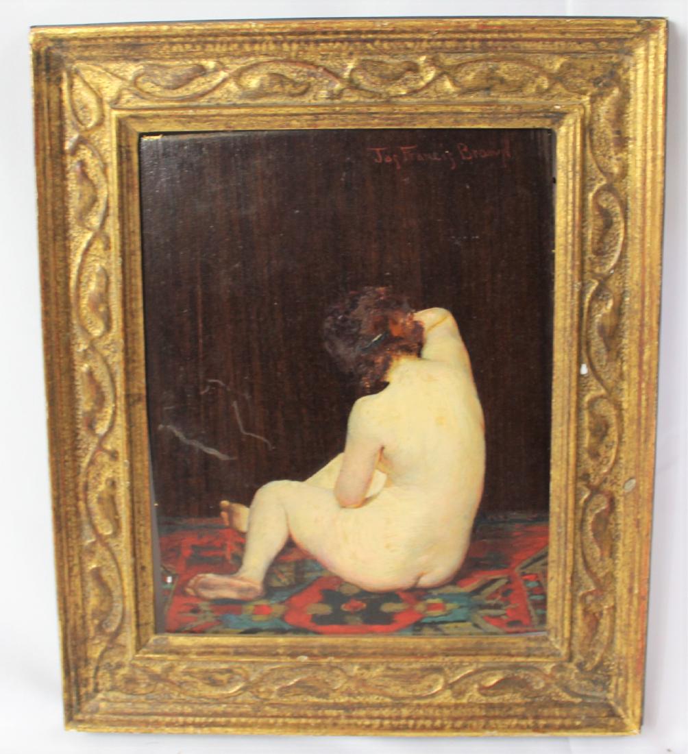 James Francis Brown (American, 1862-1935): Painting of a nude woman. Signature located upper right. Dimensions: 14 x 12 inches. Lot note and provenance: Schoelkopf Gallery with label to backside.