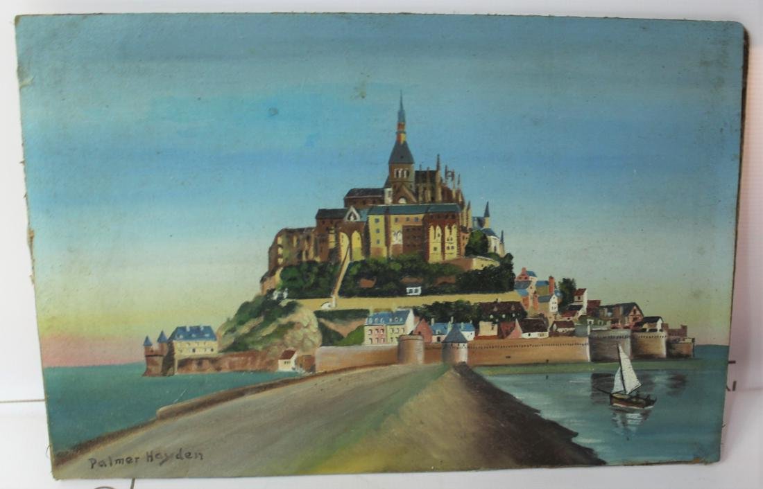 Palmer Hayden (American, 1890-1973): Medium: Oil on canvas board. Mont St. Michel. Signature: Lower left. Dimensions: 12 x 10 inches. Lot note and provenance: Private collection, exhibition label to backside.