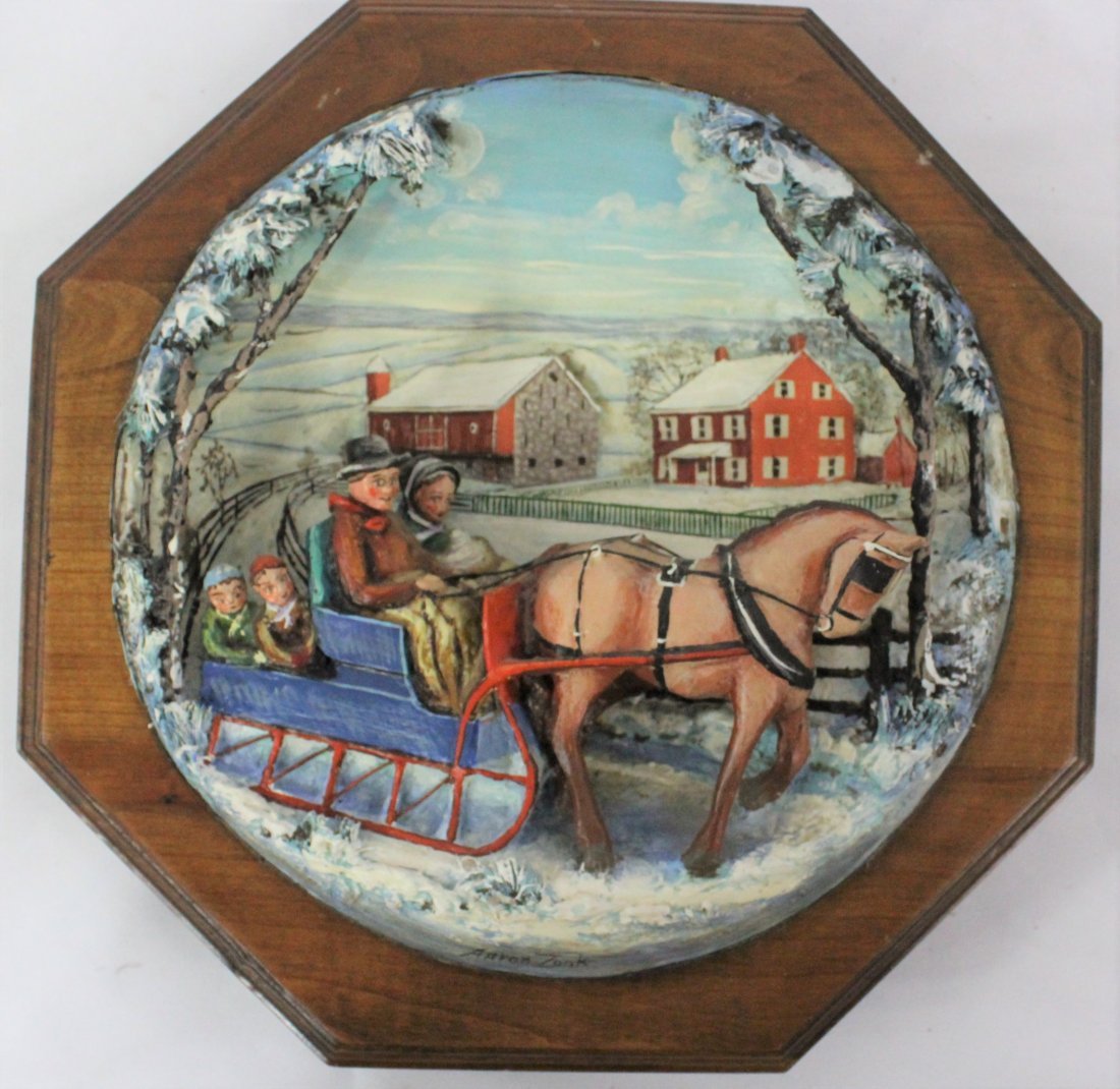 Aaron Zook (b.1921-2003): Amish horse and buggy winter diorama sculpture. Signed lower right.