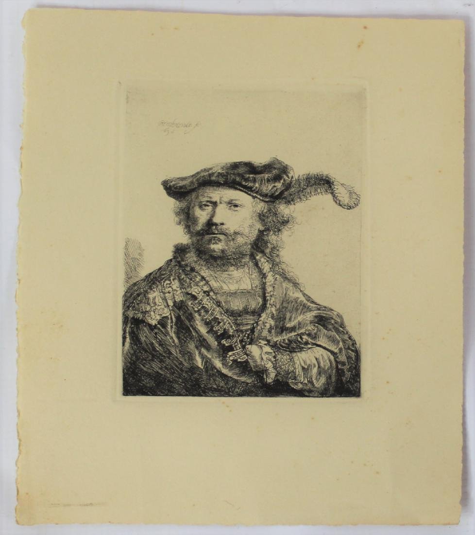 After Rembrandt (Netherlands, 1606-1669): Medium: etching on thick woven paper. Signature: upper left. Title: 'Self portrait in velvet cap'. Dimensions: picture: 5 x 4 inches, sheet of paper: 8.5 x 4 inches.
