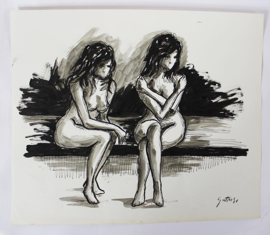 Renato Guttuso (Italian, 1912-1987): Medium: ink drawing. Title: Nude Girls. Dimensions: 20 x 16 inches.