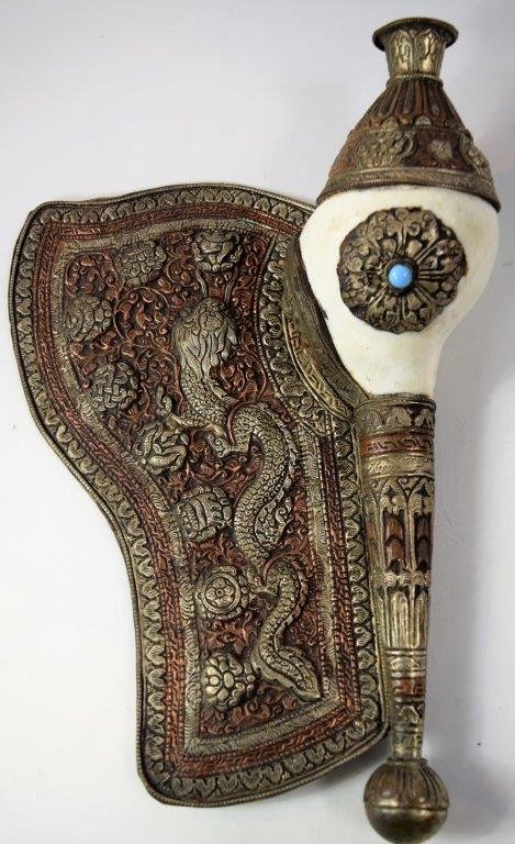 Mongolian Silver & Copper Shell: Antique Mongolian Silver & Copper Shell. Dimensions: 13 X 5 inches.