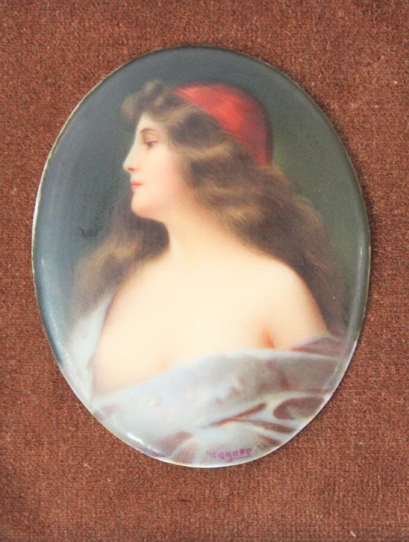 Fred Wagner (American, 1860-1940): Medium: Oil on porcelain. Portrait of Ergluht after Angel Asti. Signature: Lower right. Dimensions: 2.75 x 3.5 inches.
