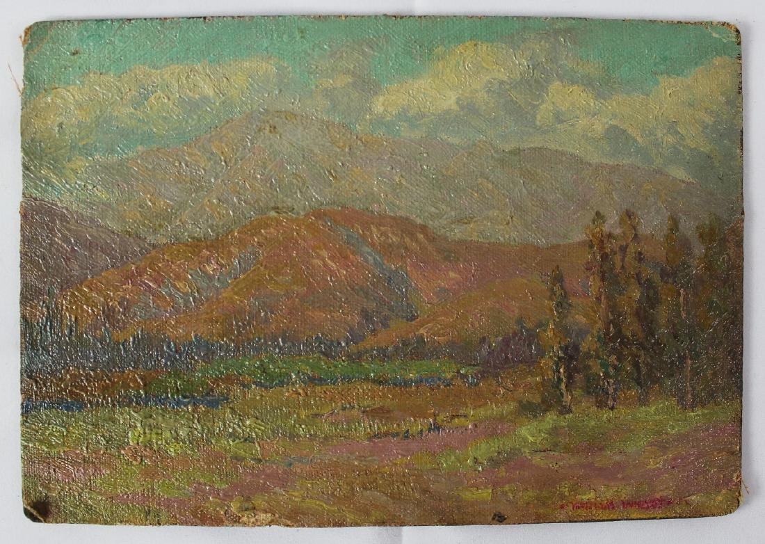 William Wendt (American, 1865-1946): Medium: Oil on board. Signature located lower right, additionally backside and titled. Dimensions: 7 x 10.5 inches.