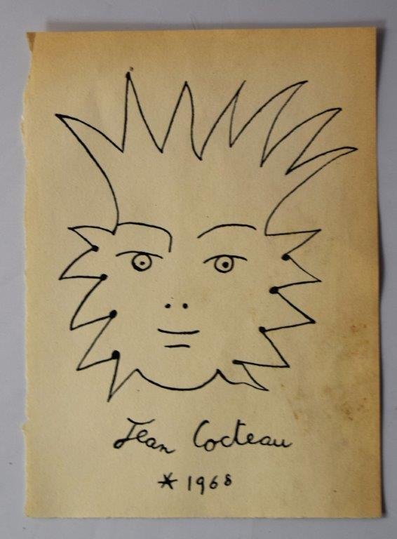 Jean Cocteau Drawing: Jean Cocteau drawing on paper. Dimensions: 5 x 7 inches. Signature: Lower corner.