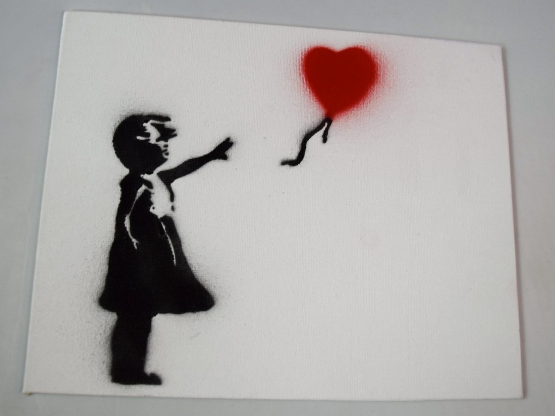 Banksy Dismaland Painting w/Authentication: Dismaland Banksy graffiti spray paint on canvas board. Girl & Balloon. Dimensions: 8 x 10 inches. Included with COA.