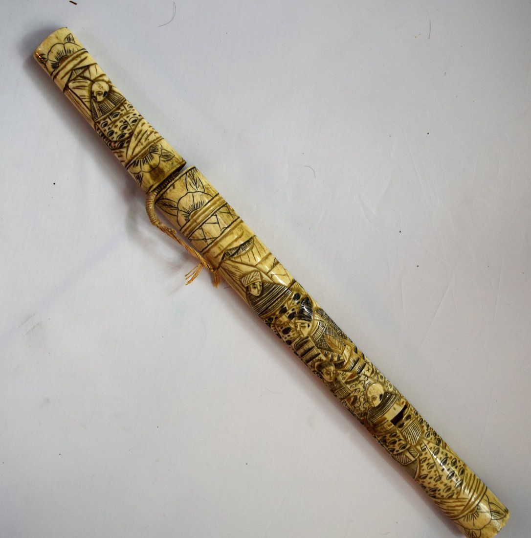 Antique Chinese Bone Carved Knife: An antique Chinese bone carved knife/dagger. Dimensions: 17 inches in total length