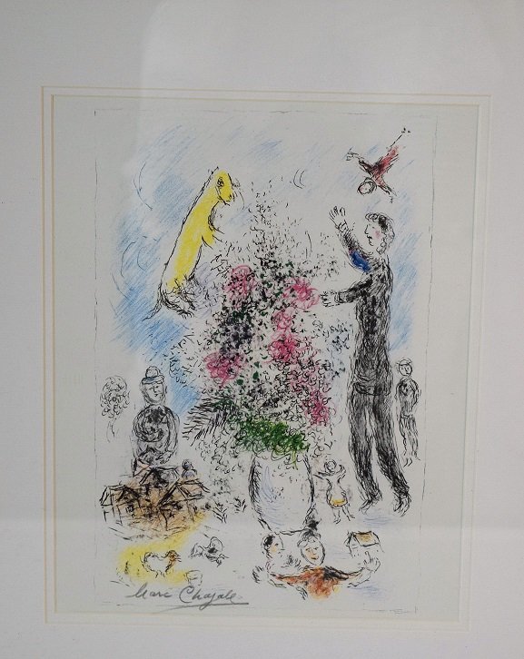 Marc Chagall (French, 1887-1985): Medium: Offset Lithograph. Signature: lower right in pencil. Dimensions: 22 X 22 inches (framed).