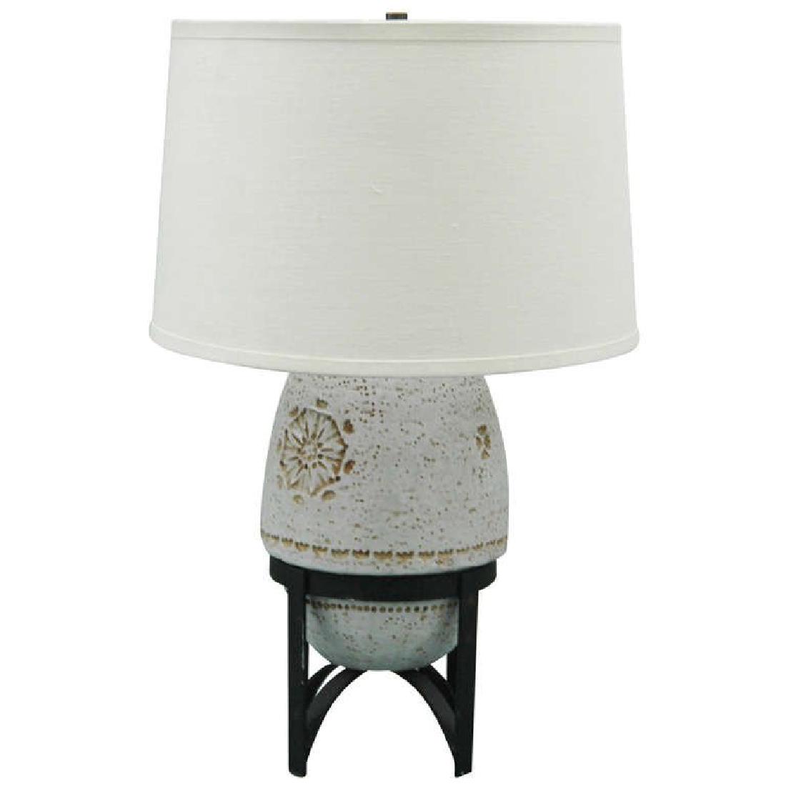 Bitossi for Raymor Italian Pottery Table Lamp: A Italian table lamp by Bitossi for Raymor. The ceramic piece sits on a removable black metal frame. Base of lamp is marked with "base made in Italy." c. 1959. Shade not included.