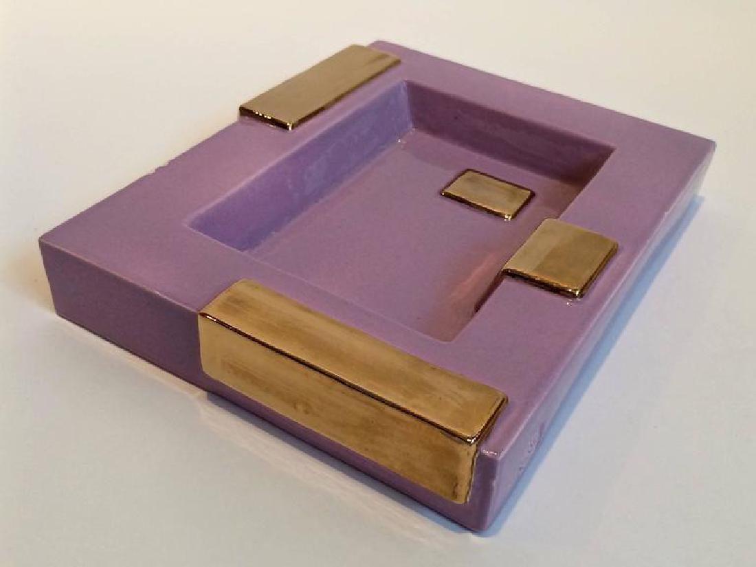 Ceramic Tray by Garouste & Bonetti: A lavender and gold ceramic tray by artists Elizabeth Garouste and Mattia Bonetti. The tray is part of the Boogie-Woogie collection which includes other ceramic table accessories. This piece is marked