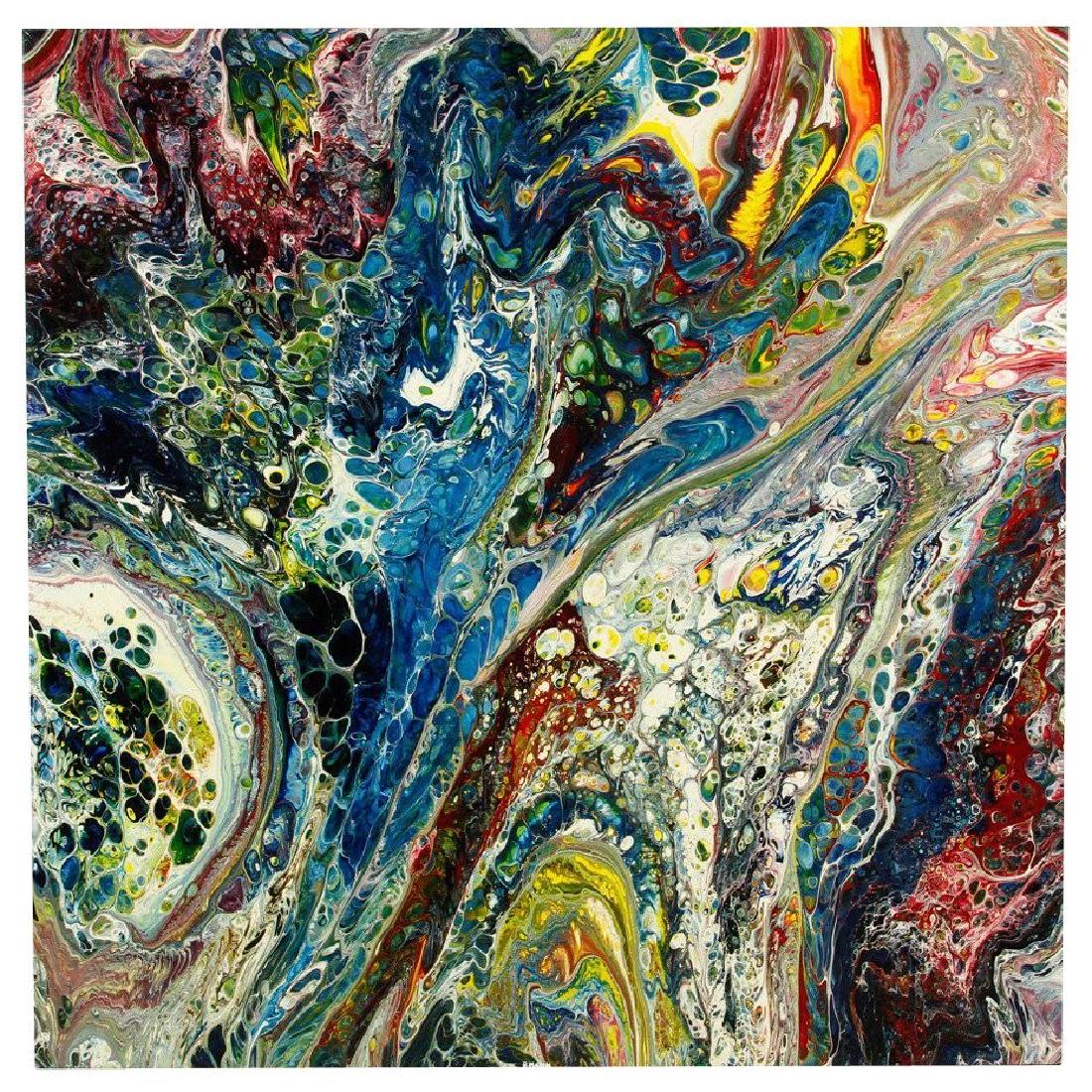 "#2711" Painting by Richard Mann: A large Richard Mann acrylic painting on masonite with blue, white, yellow and madder lake green .The piece is titled #2711 and signed R. Mann