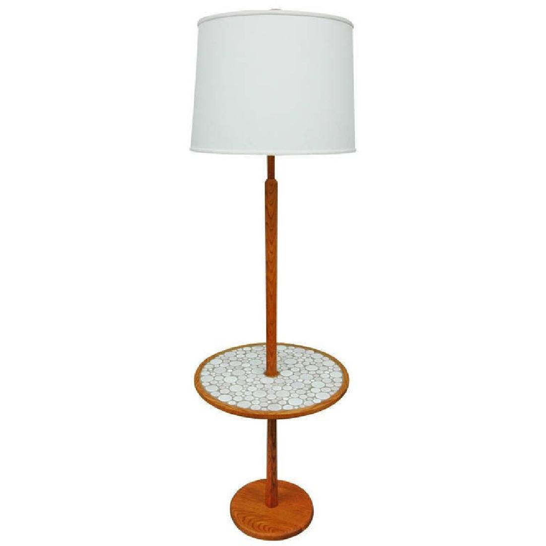 Classic Gordon Martz Floor Lamp: An oak floor lamp by Gordon and Jane Martz with a round small table covered in round white and light gray ceramic tiles. The lamp is signed with the Marshall Studios label and includes the original wo