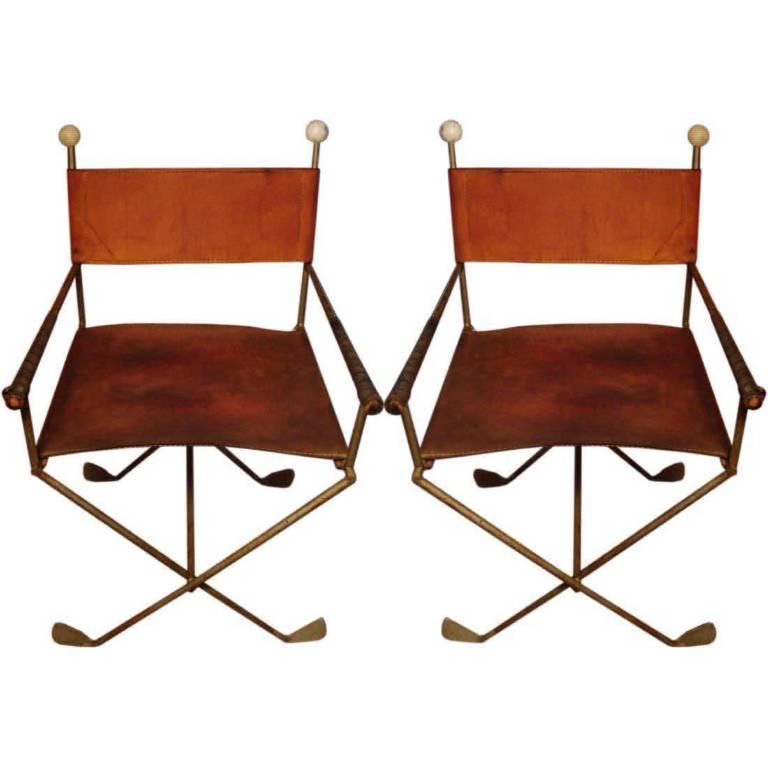 A pair of Exceedingly unusual chairs constructed of: A pair of director style armchairs constructed of gold club parts with golf ball finials. Handcrafted and very unique. Perfect for a games room
