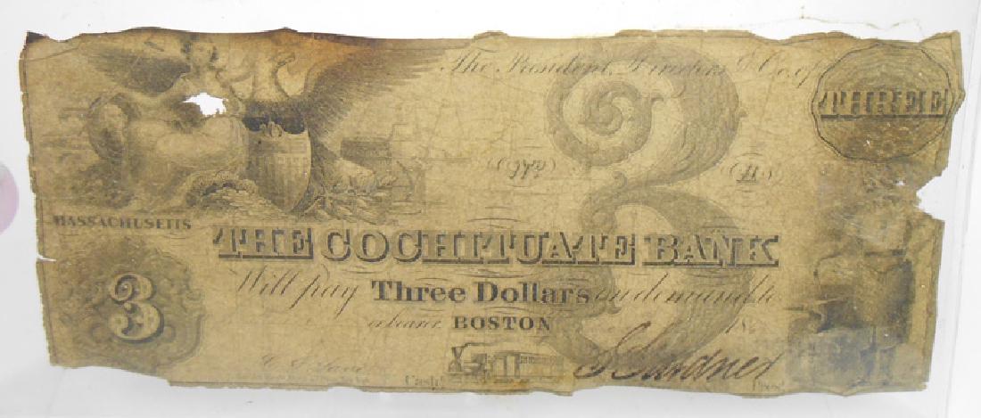 $3 NOTE FROM THE COCHITUATE BANK, 1847: Boston, Massachusetts; edge losses, singed, etc.