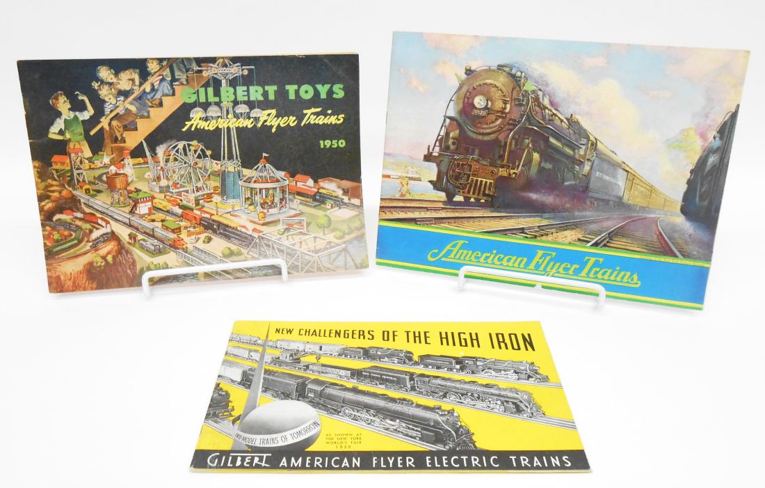 (5) GILBERT TOYS / AMERICAN FLYER TRAIN CATALOGS: 1937, 1939, 1949, 1950, 1951; overall very minor creasing, 1951 catalog has scotch tape on binding; largest 11 1/2" x 8 1/2", VG-EX