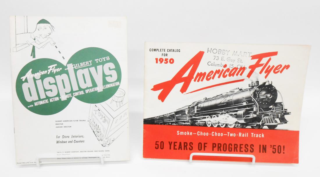 (6) GILBERT TOYS / AMERICAN FLYER TRAIN CATALOGS &: (3) Toy catalogs: 1942, 1950, 1964; 1954 display catalog for store interiors; 1959 brochure type catalog; Gilbert 1950 television campaign ad; some minor creasing on some, a few blemishes overall; 9"