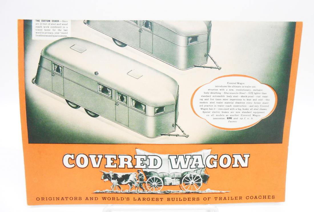 (3) TRAILER "COVERED WAGON" SALES BROCHURES: Includes: (1) "The Excitingly New Detroiter" brochure, advertising the Detroiter Coach mobile home/camper; some interior writing (prices, etc); 5 3/8" x 8 1/4"; (1) "Follow the Trail - to Health, Happ
