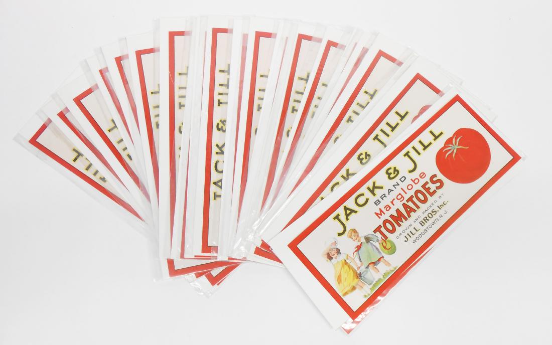 (50+) JACK & JILL TOMATO LABELS: Litho paper crate labels for Jack & Jill Marglobe Tomatoes - Jill Bros. Inc. Woodstown, NJ; identical with Jack & Jill graphics; 5" x 13", EX