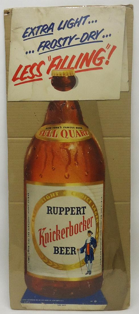 RUPPERT KNIKERBOCKER BEER ADVERTISING DISPLAY: Litho cardboard easel back store display featuring "Full Quart" bottle; "Extra Light… Frosty-Dry… Less 'Filling'!"; some soiling and water stains; light scuffs and litho loss; H-37" (flat); G-VG