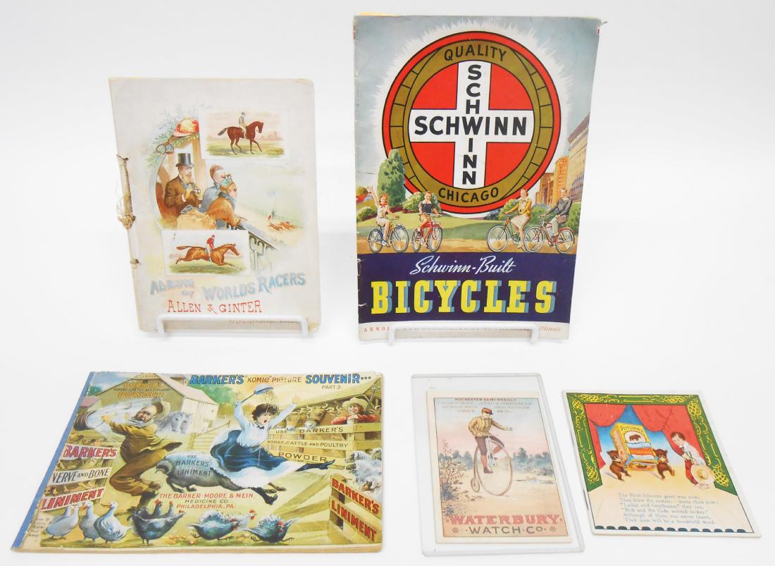 PRODUCT BROCHURES, PAMPHLETS (5): Includes: (1) PettiJohn's Breakfast Food, child's watercolor book, circa 1904, great teddy bear images; (1) Schwinn Bicycles brochure, circa 1950's, full color; (1) Allen & Ginter Tobacco "Album of Wo