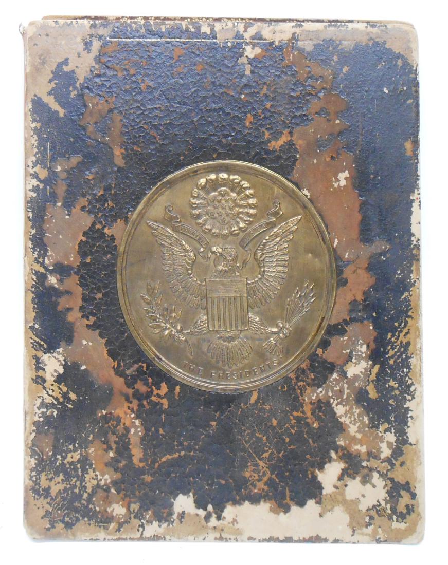 "THE PRESIDENTS" THE WHITE HOUSE GALLERY OF OFFICIAL: Copy #1656 of 1907; Executive edition; the Gravure Co. of America, 1901; complete; front and back covers off; front leather cover surface has loss and abrasion; cast medal Presidential Seal centrally 