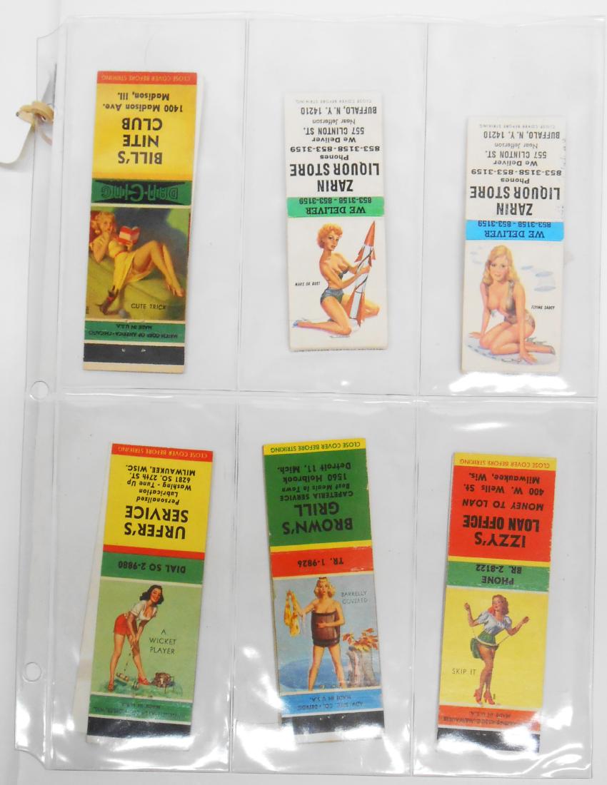 (58) PIN-UP GIRL & PLAYBOY MATCHBOOK ADVERTISING: (2) have matches; mostly covers only; NY, Wisconsin, Illinois, Pennsylvania, New Jersey, California, etc.; good condigtion overall; some minor creasing wear to match strike; staple holes show some ton