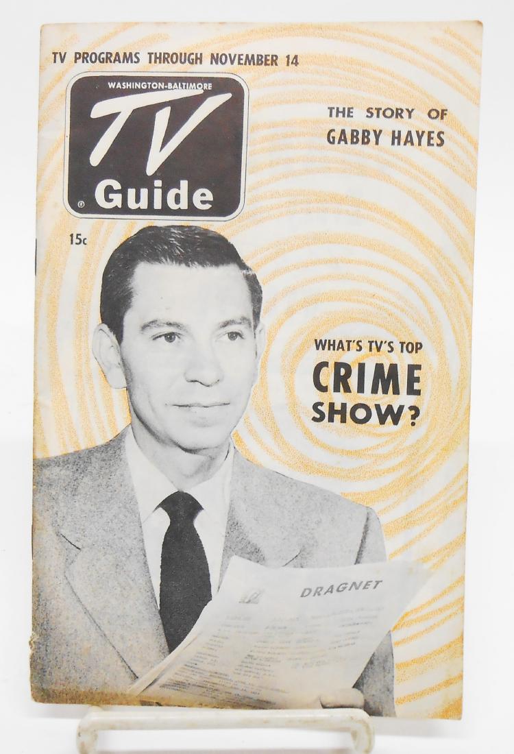 (2) 1950'S T.V. GUIDES: (1) 15 cents, Vol. 1 No. 21, Nov. 8-14 1952 "The Story of Gabby Hayes Dragnet"; (1) Vol. 2, No. 18, April 30, 1954 Bob Hope made her a star, How T.V. affected Lucy & Desi Friday's Man Friday; minor to