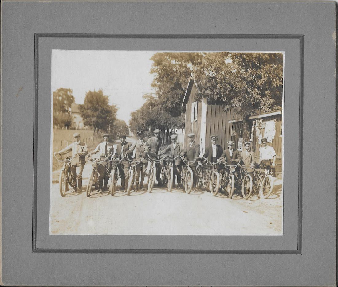 (2) EARLY MOTORCYCLE PHOTOS: Harleys, Indians, including Camel Back Indian Motorcycle, etc., ; laid down on board; minor scratches and blemishes; including board: 5 3/4" x 6 3/4", VG-EX