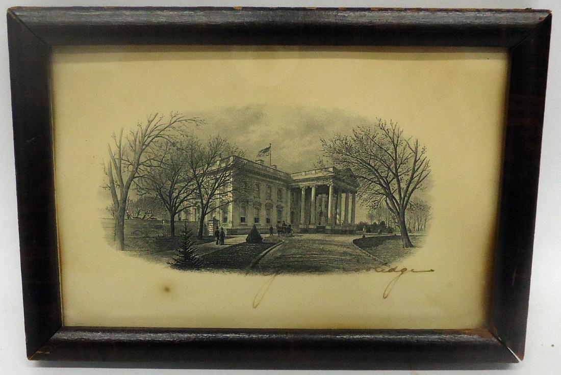 WHITE HOUSE PRINT SIGNED BY GRACE COOLIDGE: Framed; paper discoloration; one brown spot, bottom left; 4 3/4" x 6 3/4", G-VG