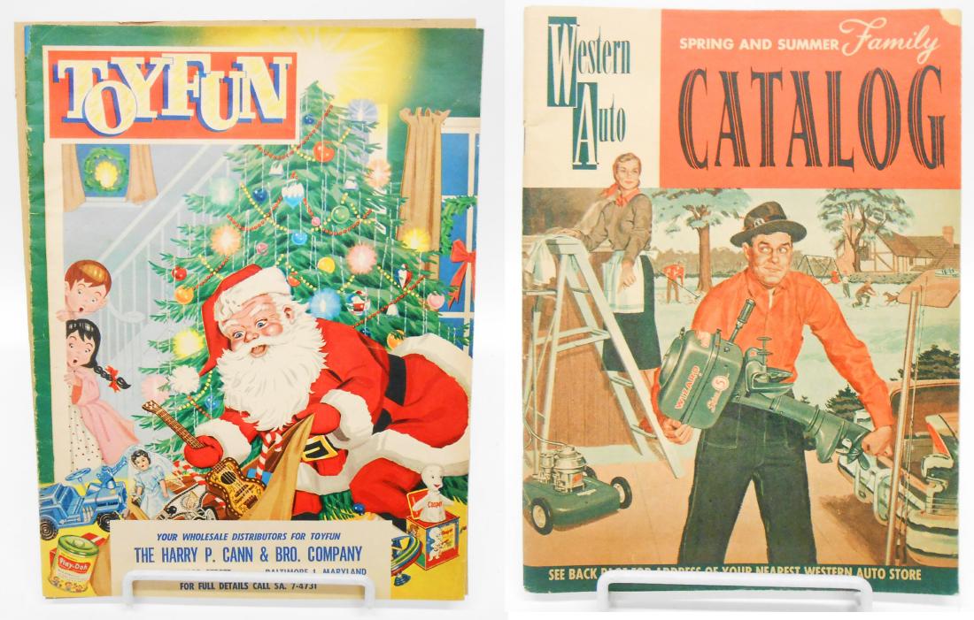 LOT OF 1950S-60'S VINTAGE TOY CATALOGS: Includes: (1) Toyfun: Harry Cann & Bro. Company, Baltimore, MD-full color, features Ideal toys, Tonka trucks, and more; (1) The Toy Yearbook 1953 1954, Kiddie-Land 3316 Greenmount Avenue-incudes Wyand