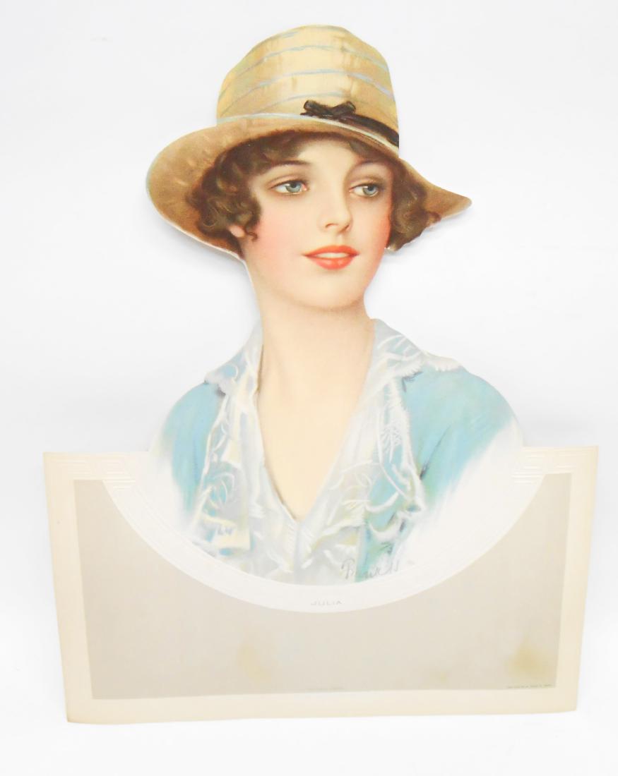(4) DIE-CUT ADVERTISING WOMEN: From painting by Frank H. Desch; (2) "Kate"; (2) "Julia"; cardboard litho with embossing; some age discoloration (1) "Julia" has some spotting; 17"x 13 1/2", VG-EX