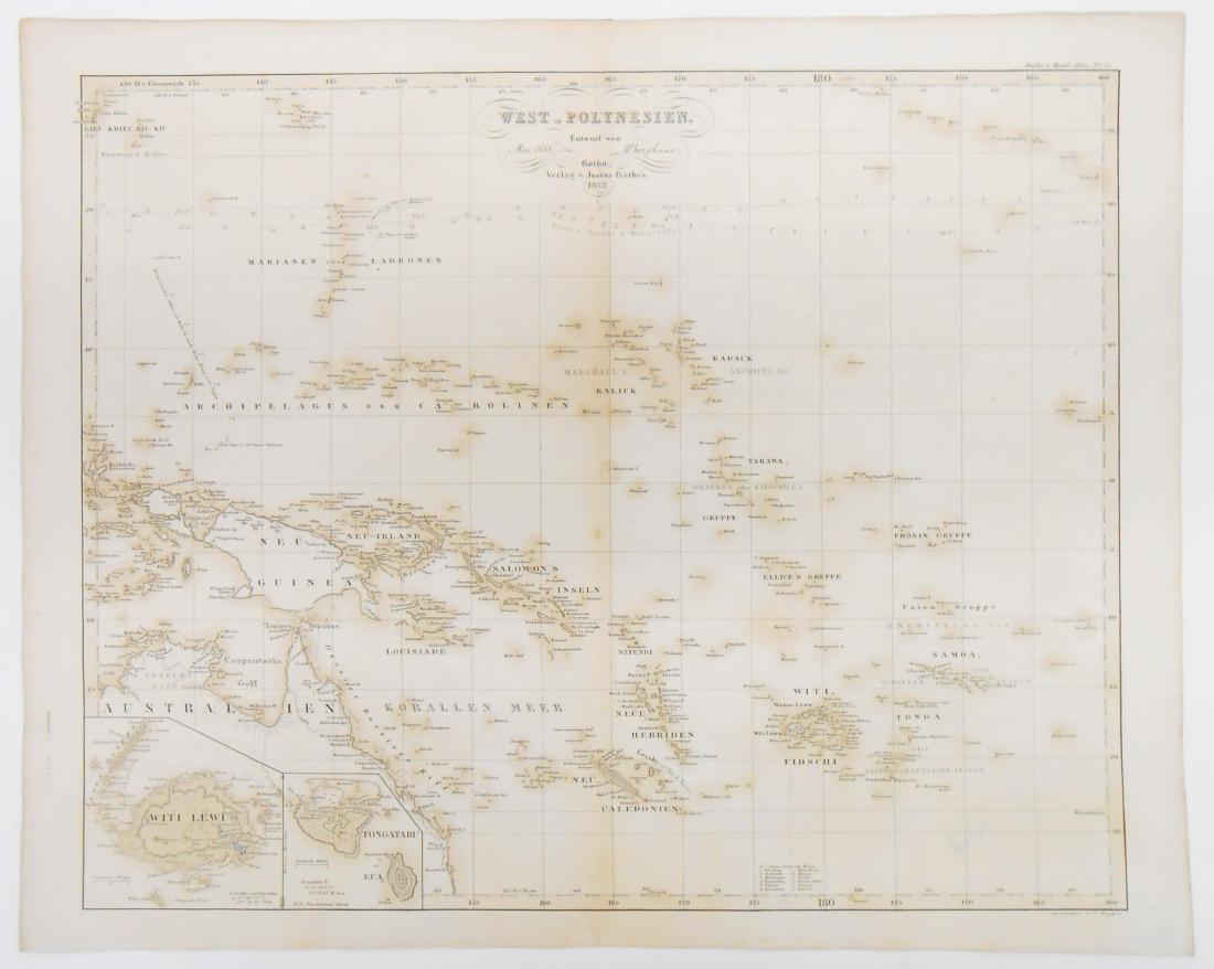 (2) EARLY POLYNESIAN MAPS: Stieler's Hand Atlas; (1) East Polynesia, 1852; (1) 1852 West Polynesia, both with some added color; on heavy rag paper; vertical center crease; some edge roughness and light foxing; age wear; approx.