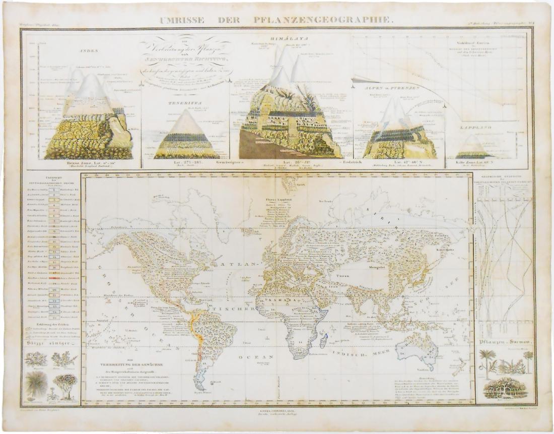 1851 MAP OF WORLD ENVIRONS: Berghaus' Physikal Atlas / Perthes; concerning vegitation, various climes and elevations; on heavy rag paper; vertical center crease; some added color; fascinating; light foxing and discoloration; age