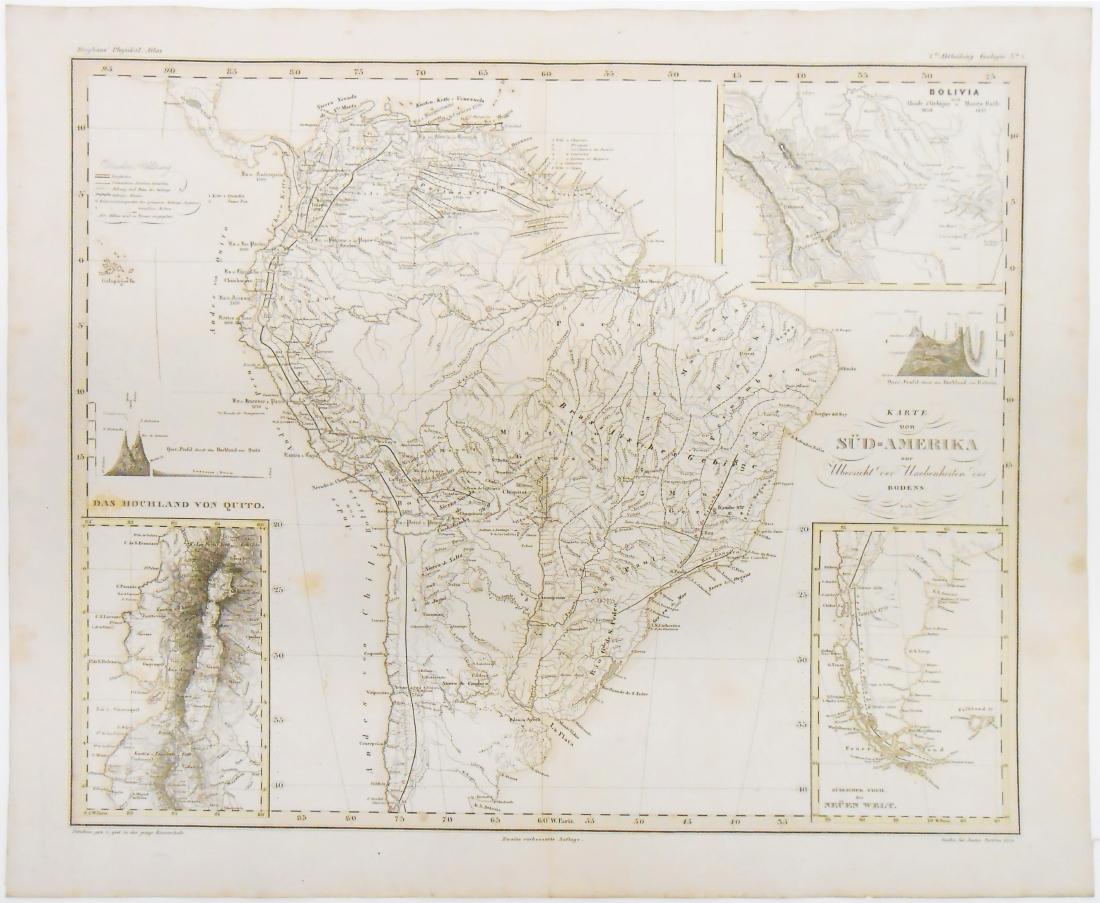 (2) MID 19TH CENTURY MAPS OF THE AMERICAS: Berghaus' Physikal Atlas / Perthes; (1) 1850 Map of Central America, including Pacific Islands [Cook Islands, Hawaii, Galapagos, etc.], depicting general topography; (1) 1850 map of South America, dep