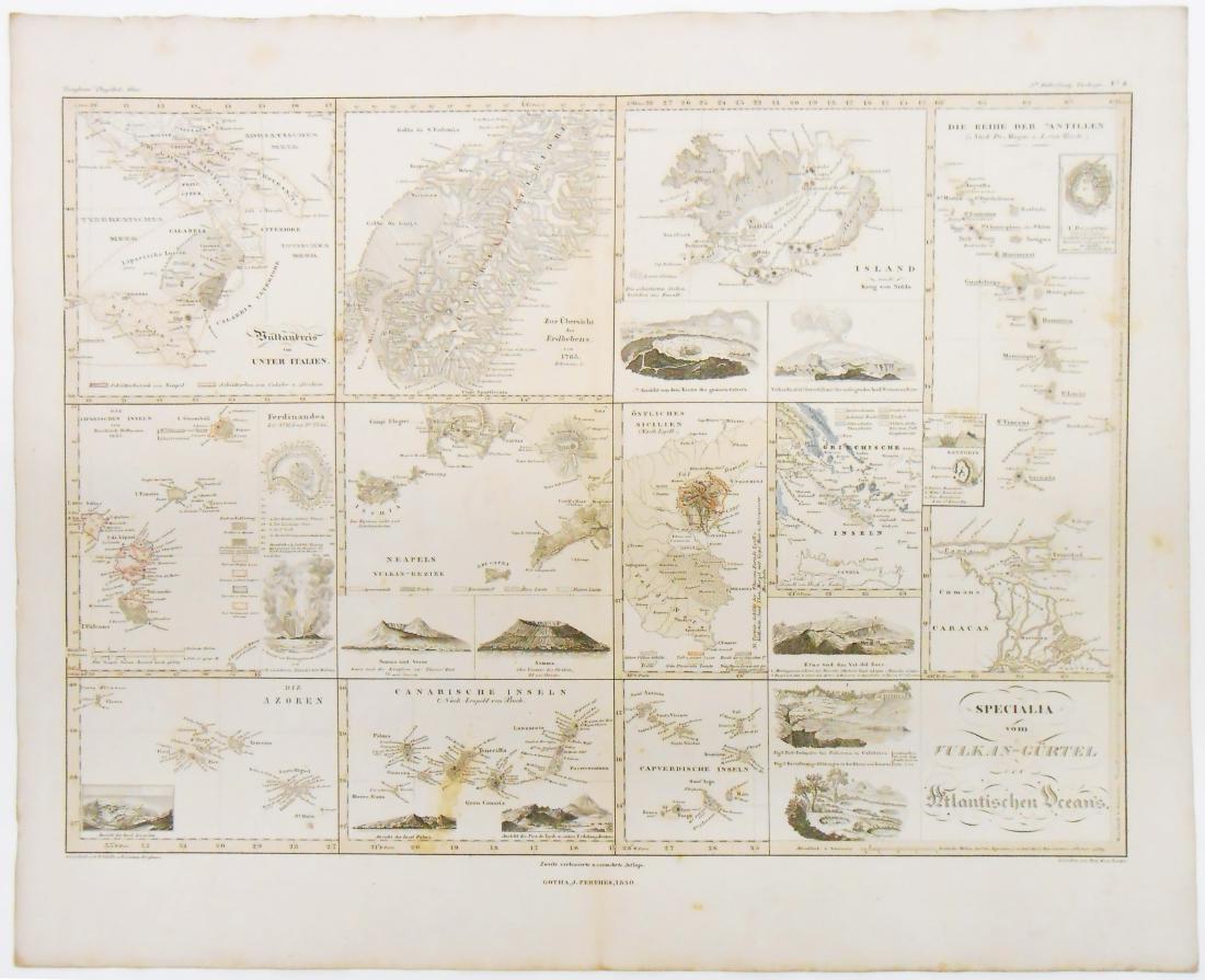 (2) GEOGRAPHIC & GEOLOGICAL MID 19TH CENTURY MAPS: Berghaus' Physikal Atlas / Perthes; (1) 1850 map of geologic topography of North America, showing fault lines, etc.; (1) 1850 map depicting important world wide geologic formations; both have some col