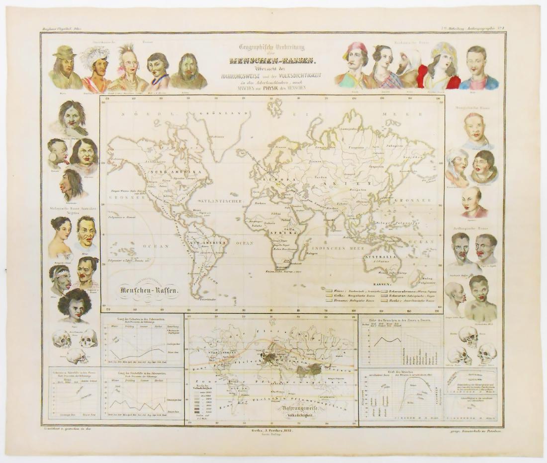 (2) MID NINETEENTH CENTURY ETHNOGRAPHIC MAPS: Berghaus' Physikal Atlas (1) depicting Scandinavian ethnographic makeup; (1) Perthes; depicting geographic spread of human races and tribes world wide, dated 1852; with added color, on heavy rag paper