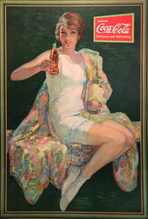 COCA-COLA CARDBOARD SIGN, 1928 MEYERS: Colorful cardboard litho image of bathing girl holding glass; image by Harry Morse Meyers; cardboard has textured finish; minor touch-up; easel missing from reverse; colors are vivid; very minor wear;