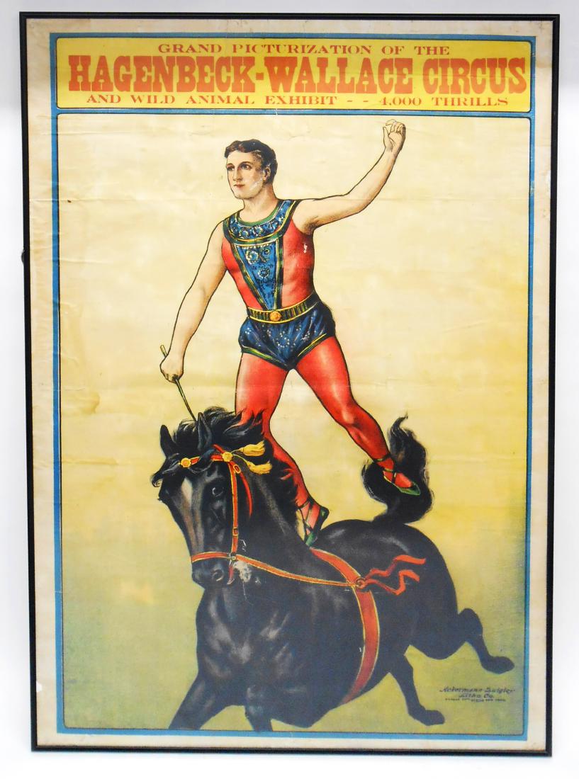 EARLY HAGENBECK-WALLACE CIRCUS POSTER - STONE LITHO: Featuring equestrian performer on horseback; "Grand Picturization of the Hagenbeck-Wallace Circus and Wild Animal Exhibit --4000 Thrills"; lithography by Ackermann Quigley Litho Co. Kansas City - New 