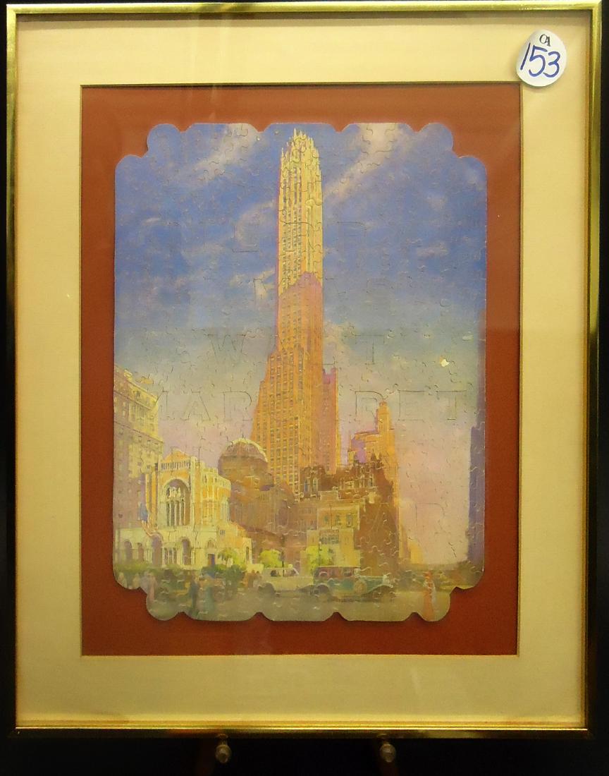 PERSONALIZED GENERAL ELECTRIC BUILDING PUZZLE: Wooden puzzle with paper litho; die-cut; letters within the puzzle read "Merry Xmas Walt Margaret Happy New Year"; circa late 1920's based on vehicles on the streets; matted and framed; (3) small spot