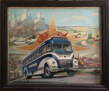 BLUE RIDGE BUS LINES ILLUSTRATION ART: Pastel illustration art, featuring Blue Ridge Bus with the "Baltimore-Cleveland" marquee, with a compass rose behind it; each quadrant of the image features a different vignette, northeast features