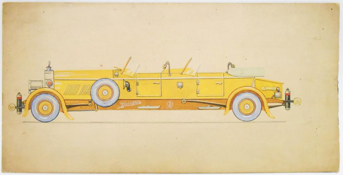 ILLUSTRATION ART - LEXINGTON MINUTE MAN SIX: Unusual illustration art piece, executed in gouache on artist board, depicting a super long "limousine" from the 1920's era; the designation on the side indicates that the car is a Lexington Minuteman