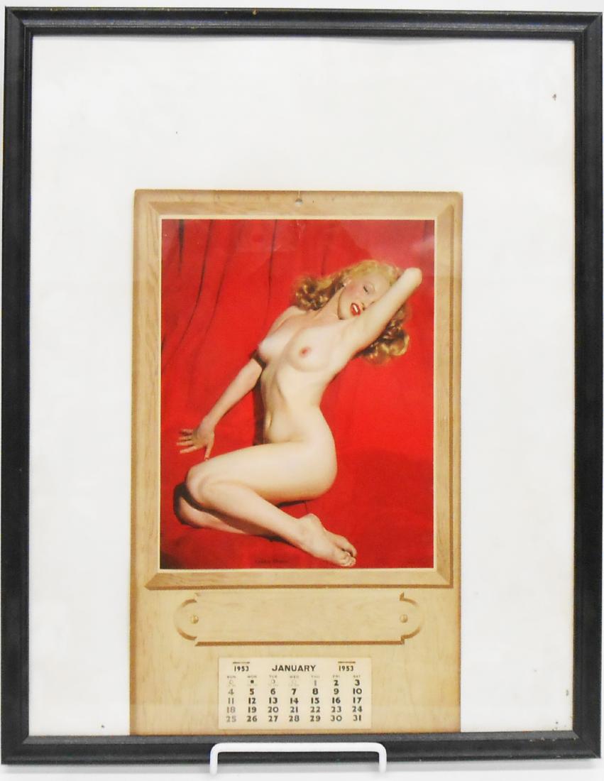 ICONIC MARILYN MONROE NUDE CALENDAR: "Golden Dreams", 1953, full pad; some wrinkling with light litho loss, just below hanging hole; wear to corners; tear at hole; color is vivid; 15 1/2" x 9 1/2", VG