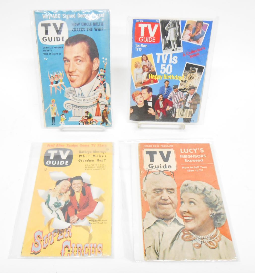 LARGE SELECTION OF TV GUIDE MAGAZINES -many LUCY: (35); includes: March 20, 1953 "Lucy's Neighbors Exposed"; August 21, 1953 "Super Circus"; June 19, 1953 with Fearless Ed Sullivan on the cover; April 30, 1966 "Ronald Searle sketches Lucille Ball"; M
