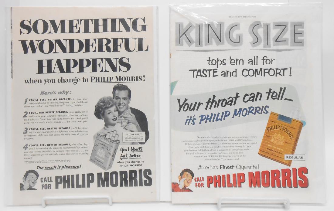 (14) LUCILLE BALL MAGAZINE ADS FOR CIGARETTES, ETC: Most matted, includes: (2) Lucy & Desi Philip Morris "Something Wonderful Happens", black & white; 1-with some typeface bleed through; (2) Lucy & Desi Philip Morris "Smoke for Pleasure Today", black &