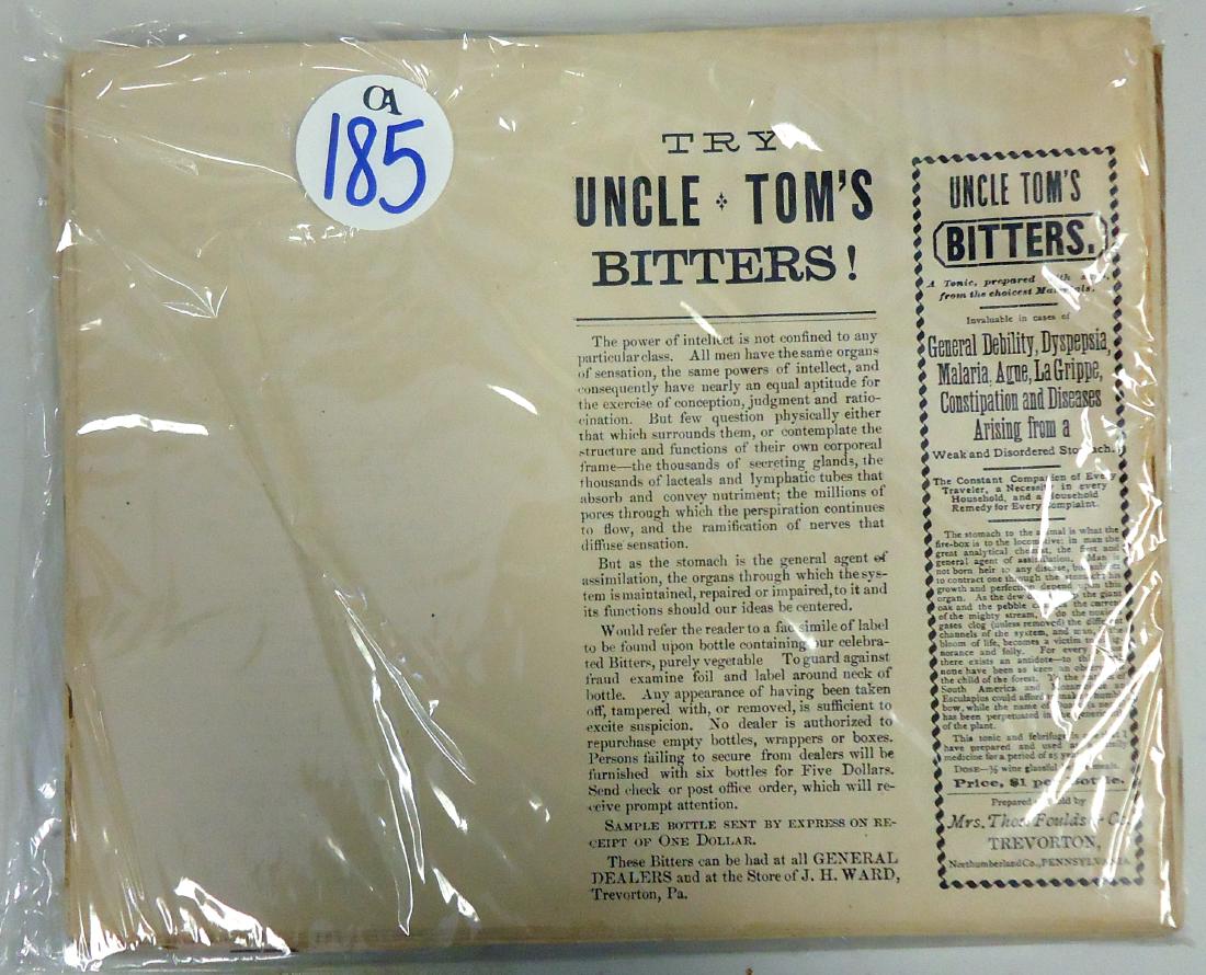 NEW OLD STOCK UNCLE TOM'S BITTERS LEAFLETS ( 100+ ): Original printed inserts for Uncle Tom's Bitters, one side features an advertisement for the medicine, the other lyrics for "The Song the Boys Sing"; prepared and sold by Mrs. Thos. Foulds & Co Trevor
