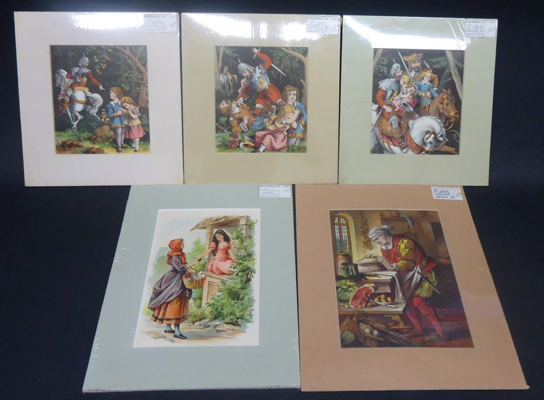 (48) COLOR LITHO CHILDREN'S BOOK ILLUSTRATIONS: English and American; bookplates; mostly 19th century; scenes from "Aladdin's Lamp", "Jack and the Beanstalk", Rip Van Winkle", "Robinson Crusoe", etc.; matted and shrink wrapped, a few have pencil wr