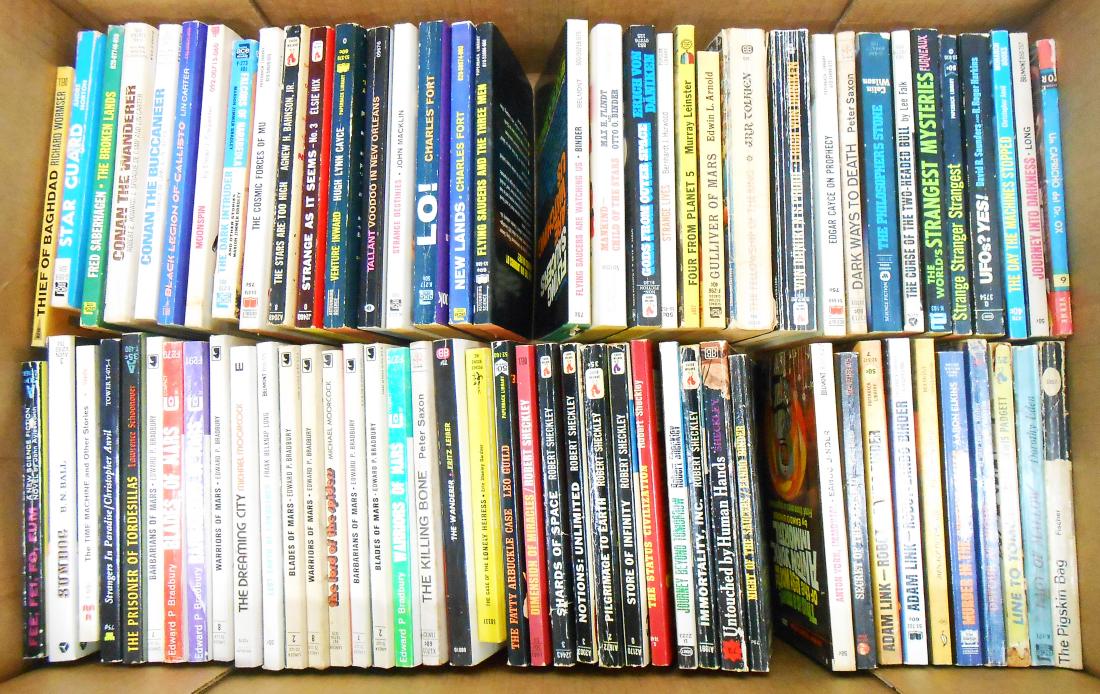(82) SCIENCE FICTION PAPER BACKS 1960's-70's: Assorted selection of Fantasy, Sci Fi, Horror, etc. paperbacks; includes: Adam Link Robot, Eando Binder; Menace of the Saucers, Eando Binder; Untouched by Human Hands, Robert Sheckley; Journey Beyond