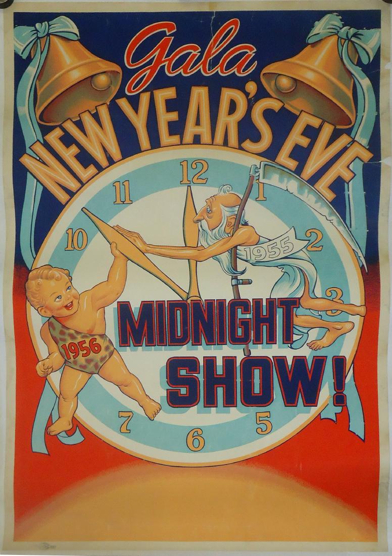 PAPER LITHO POSTER - GALA NEW YEARS EVE MIDNIGHT SHOW: Canvas backed; signed bottom left "Local Sign Pictorial & Display Union No. 230"; creasing, soiling mainly to edges; most noticeable tear through the "l" in Gala, 8" long; border tears and losses; (in